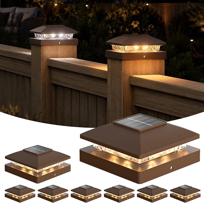 APONUO Solar Post Cap Lights for 4x4 Posts - IP64 Waterproof, 3000/6500K LED, Wireless Fence Lights & Deck Lights for Patios, Gardens, and Yards, Brown-Warm/Cool White, 8-Pack
