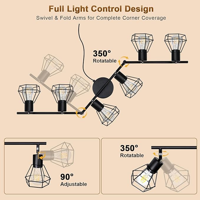 LTBLIGHT Plug in Track Lighting, 6-Light Rotatable Ceiling Light Fixture Black with 16.4ft Cord & On/Off Rocker Switch, Spotlight for Living Room Kitchen Bedroom, E26 Base