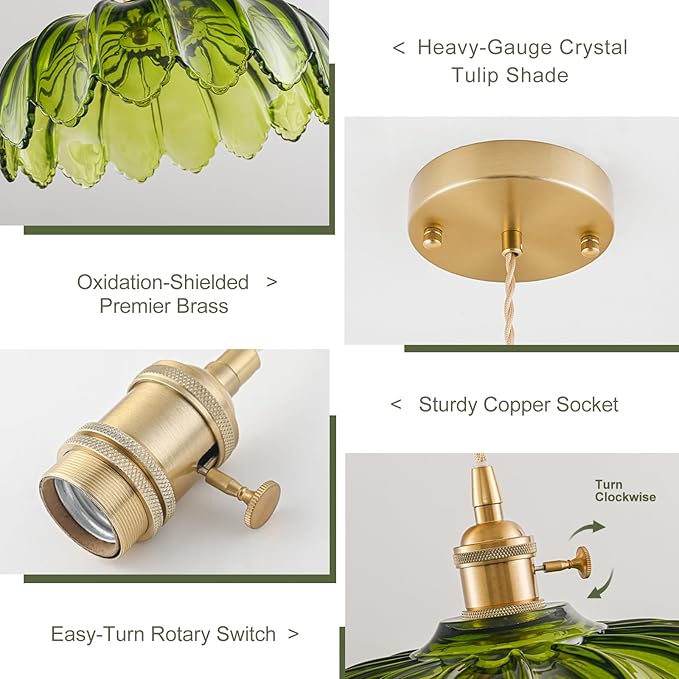 Glass Pendant Lights Kitchen Island, Vintage Brass Pendant Light Fixtures, Adjustable Green Kitchen Pendant Lighting Over Island for Bedroom Living Room Hallway Dining Room