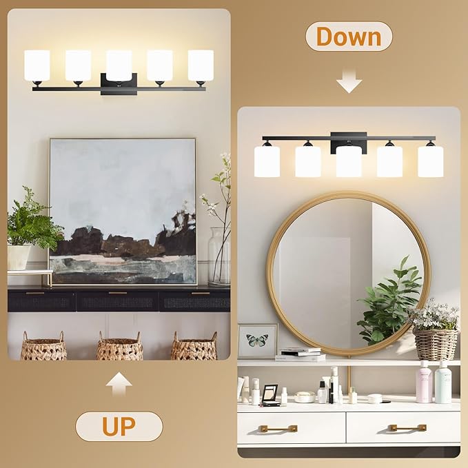 Quntis Black Bathroom Light Fixtures Over Mirror 5 Colors Adjustable, 5-Light LED Bathroom Vanity Lighting with Milky White Frosted Glass Shade, Energy-Saving LED Vanity Light 35.8 inch