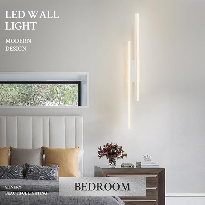 LED Wall Sconce Silver Modern Remote Wall Light Fixtures for Living Room, Dimmable LED Vanity Light Indoor Remote Wall Sconce for Bedside Bedroom Bathroom Dining Room, 39.4inch 1 Pack