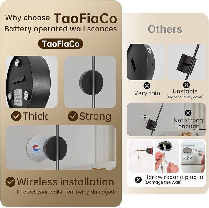 TaoFiaCo Battery Operated Wall Sconces Set of Two, Wireless Rechargeable Wall Sconces Black with Remote Control Dimmable, Cordless Wall Light Decor for Living Room, Bathroom, Hallway, Timing, 24 Inch