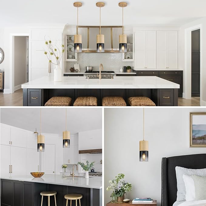 3-Pack Gold Pendant Light Fixtures, Adjustable Modern Black Pendant Lights for Kitchen Island, Industrial Glass Pendant Lights for Dining Table Hallway Bedroom Living Room