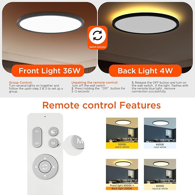 TALOYA Flush Mount Ceiling Light with Remote,3000K-6500K Adjustable,2000K Nightlight,15.8 Inch, Led Low Profile Ceiling Lights for Bedroom, Living Room, Kitchen, Black