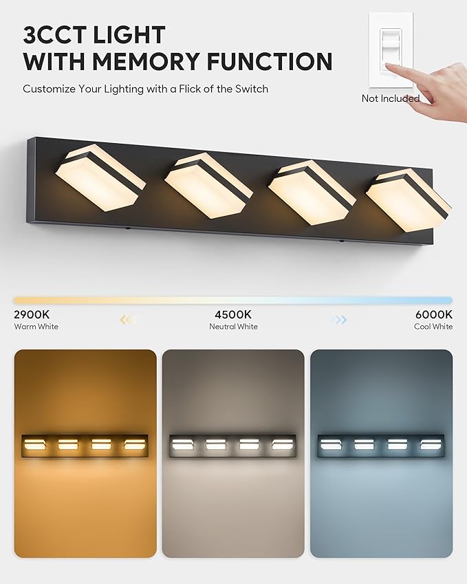 VONLUCE Bathroom Vanity Light Fixture, 4-Light Modern LED Vanity Light, 3CCT Adjustable Bathroom Lights with Memory Function Rotatable Shades, 26" Wall Lighting Fixture Over Mirror, Matte Black