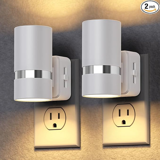 DORESshop LED Night Light 2 Pack, White Cylinder Dimmable Night Light Plug in, Slide Brightness Adjustable, Night Lights with Dusk to Dawn Sensor, 3000K Warm White for Bedroom, Bathroom, Hallway