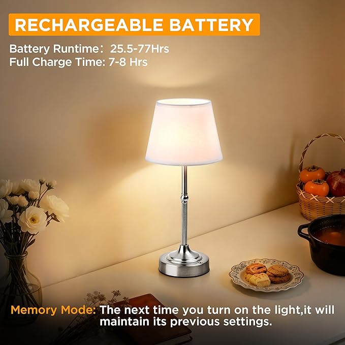 LUTEC 2 Pack Cordless Table Lamp, Battery Operated Lamp with 3 Color Temps and Stepless Dimming, 5200mAh Portable Rechargeable Table Lamp for Restaurant/Bedroom/Bars/Outdoor (Silver)
