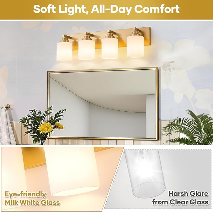 Bathroom Vanity Light Fixture, 4-Light Brushed Gold Bathroom Light Fixtures Over Mirror with Milky White Glass Shades, Modern Vanity Lights for Bathroom Living Room Hallway (Bulbs Not Included)
