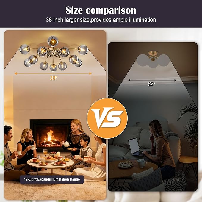 12-Light Bubble Chandelier, Semi Flush Mount Sputnik Ceiling Light Fixture with Glass Globes, Brass Finish Modern Chandelier for Dining Room, Living Room, Entryway (Grey, 12 Light Ceiling Light)