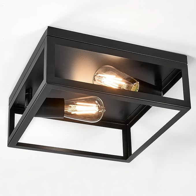 Maxxima Indoor/Outdoor Flush Mount Ceiling Light Fixture, 2-Light Square Farmhouse Close to Ceiling Entryway Light, Black, Bulbs Not Included