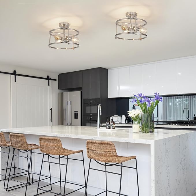 Semi Flush Mount 3-Light Modern Kitchen Light Fixtures - Brushed Nickel Metal Cage Ceiling Lights for Bedroom, Dining Room, Living Room, Hallway, Foyer