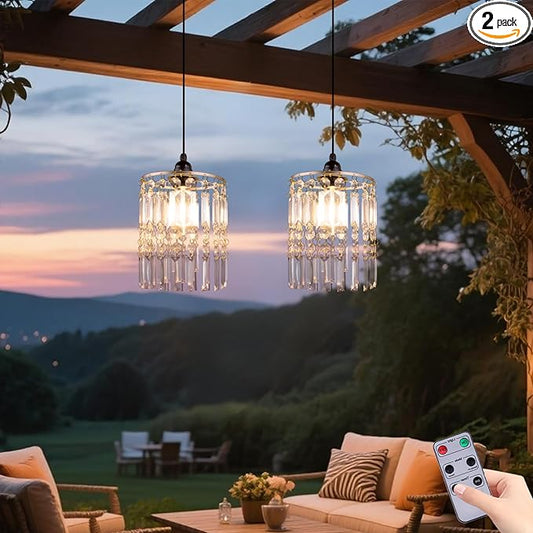TWINKVILLA Battery Operated Chandelier, 2Pack Hanging Gazebo Lights, Acrylic Crystal Beaded Pendant Lights Outdoor Waterproof for Patio Tree Pergola Porch and Indoor Decor (2)