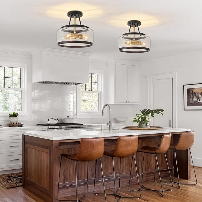 3-Light Semi Flush Mount Ceiling Light Modern Glass Drum Entryway Chandelier Black and Gold Hallway Lights Kitchen Ceiling Lighting Fixtures for Bedroom Foyer Laundry Bathroom Dining Room