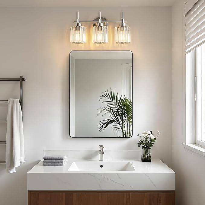 EJIAXIN 3 Light Crystal Bathroom Light Fixtures, Brushed Nickel Vanity Mirror Lights, Crystal Bath Vintage Wall Mounted Lamps Wall Light Fixtures for Bathroom, Living Room