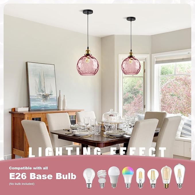 Pink Pendant Light Glass Globe Pendant Lights Kitchen Island Light Fixtures Ceiling Hanging with Hammered Glass Pendant Chandelier Lighting for Dining Room Living Room Girls Bedroom