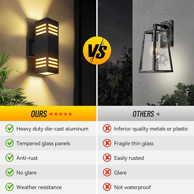 2-Pack Modern Outdoor Wall Lights, IP65 Waterproof Up & Down Porch Light Fixtures with E26 Bulbs, Aluminum Wall Sconces for Garage, Patio, Entryway, 2700K Warm Light
