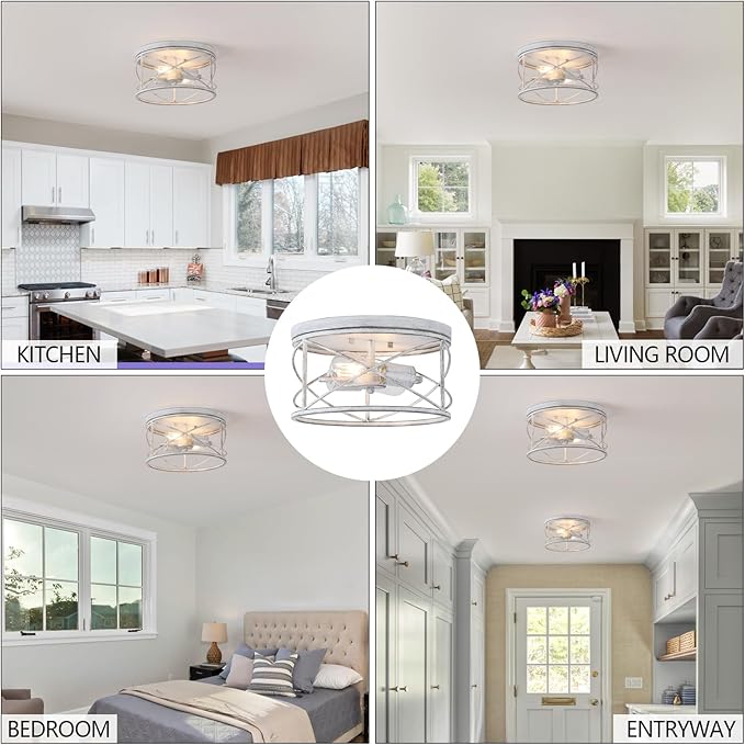 2-Light Flush Mount Ceiling Light Fixture, Industrial Modern White Ceiling Lamp, Vintage Farmhouse Light Fixture for Hallway, Bedroom, Dining Room, Living Room, Kitchen, Entryway