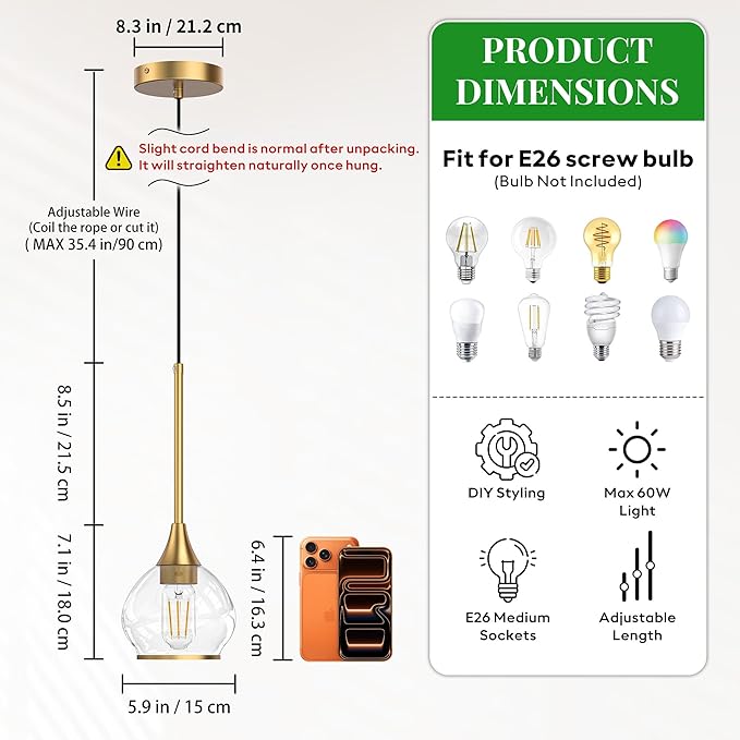 Kitchen Island Linear Pendant Light, 1-Pack 1-Light Gold Pendant Light, Brushed Gold Glass Globe Hanging Light Fixture for Dining Room, Over Table, Bar
