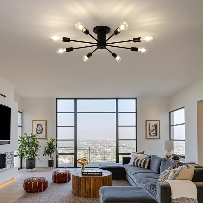 8-Lights Semi Flush Mount Ceiling Light, Matte Black Close to Ceiling Lighting with E26 Base, Modern Sputnik Light Fixtures for Living Room Bedroom Kitchen Dining Room