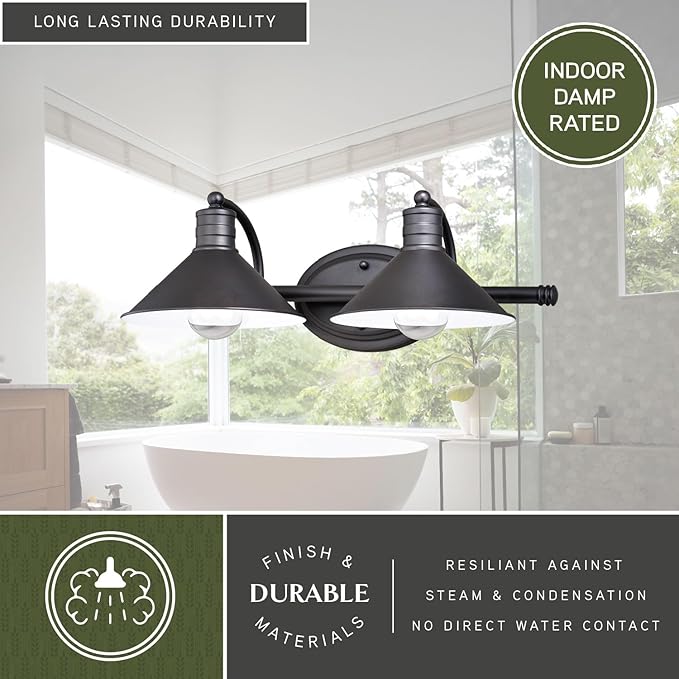 VAXCEL Akron 2-Light 18 inch Wide Oil Rubbed Bronze and Matte White Farmhouse Bathroom Vanity Lighting Fixture, Metal Shade, Dimmable, LED Compatible, Over The Mirror Mounted Steel Wall Sconce