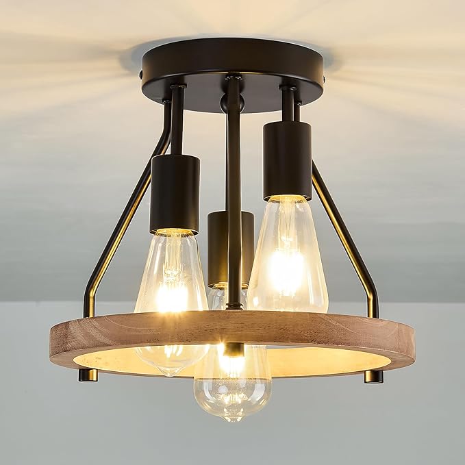 3-Light Wood Semi Flush Mount Ceiling Light Fixture Metal Rustic Ceiling Light Industrial Farmhouse Chandelier for Hallway Entryway Bedroom Kitchen Foyer Passway Balcony