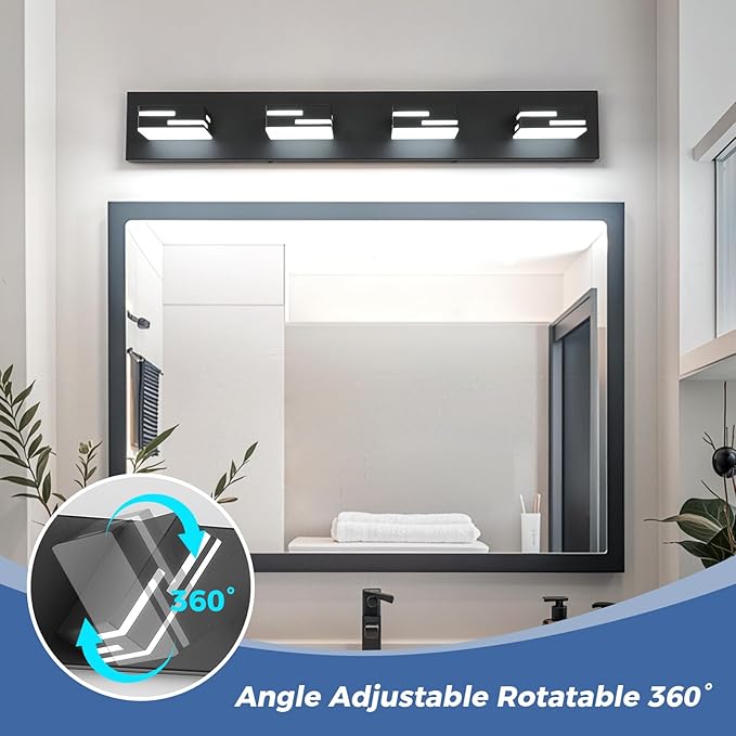 4-Light Modern Bathroom Vanity Light Fixtures, 30-Inch 350° Rotatable LED Vanity Lights Over Mirror, Matte Black Metal Wall Sconce with Frosted Acrylic Shade, Non-Dimmable