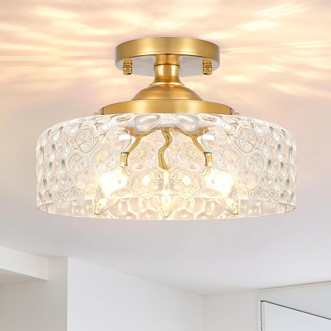 Gold Semi Flush Mount Ceiling Light, 3-Light Ceiling Light with Hammered Glass, Vintage Hallway Lights, Brass Closet Light Fixture, Kitchen Flush Ceiling Mount for Entryway Bedroom Bathroom,E12