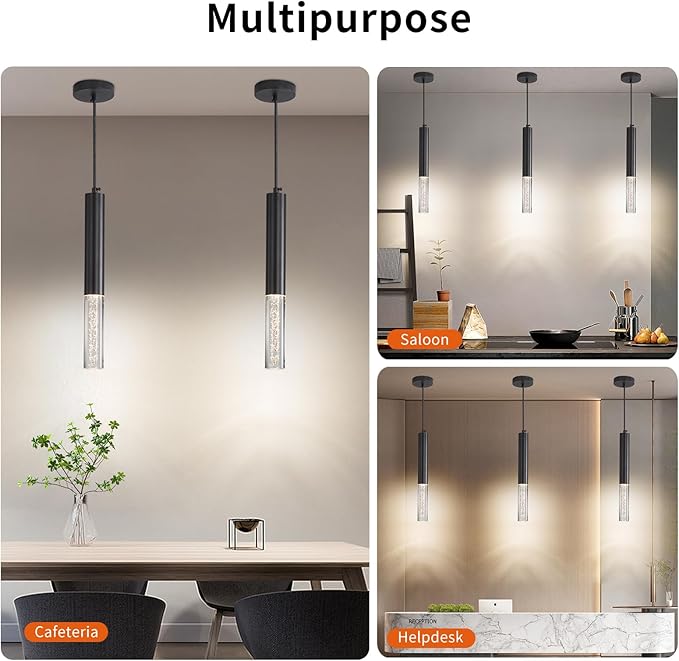 3 Pack Pendant Lights Kitchen Island, LED Bubble Acrylic Island Lighting Fixtures, 3 Color 3000K/4500K/6500K, Modern Cylinder Ceiling Hanging Light for Bedroom, Bar, Dining Room, Bathroom