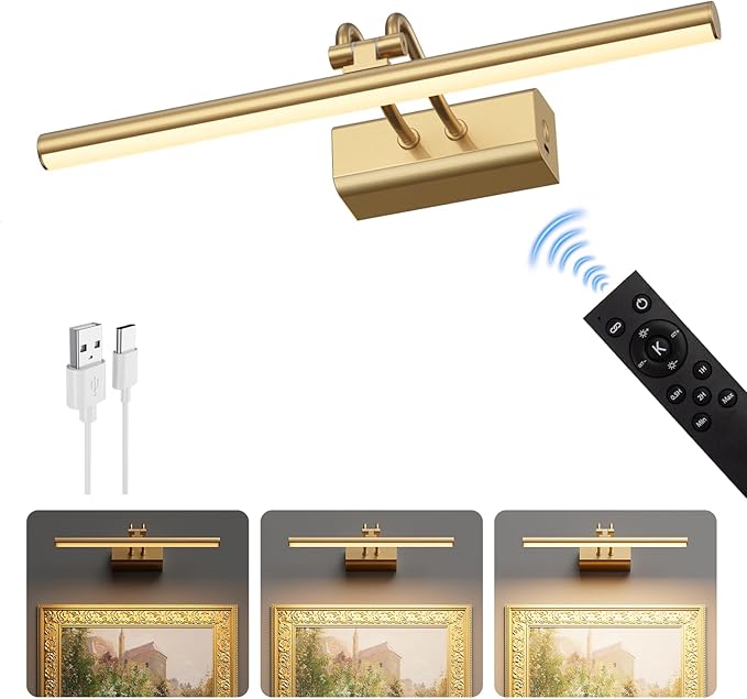 Battery Operated Picture Light for Wall, 4000mAh Cordless Wall Lamp for Painting Photo Artwork , Remote Control, Magnetic for Easy to Charge,Timers, 13.8'' Display for Gallery Living Room Bedroom Gold