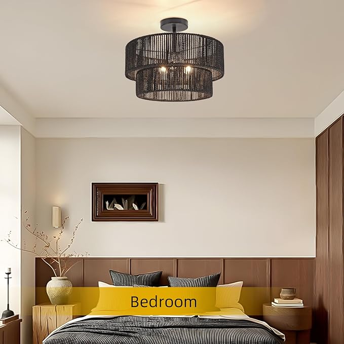 15.7'' Black Boho Light Fixtures Ceiling Mount Coastal Hemp Rope Semi Flush Mount Ceiling Light Fixture 3-Light Rattan Light Fixtures with 2-Tier Drum Shade for Dining Room Kitchen Entry