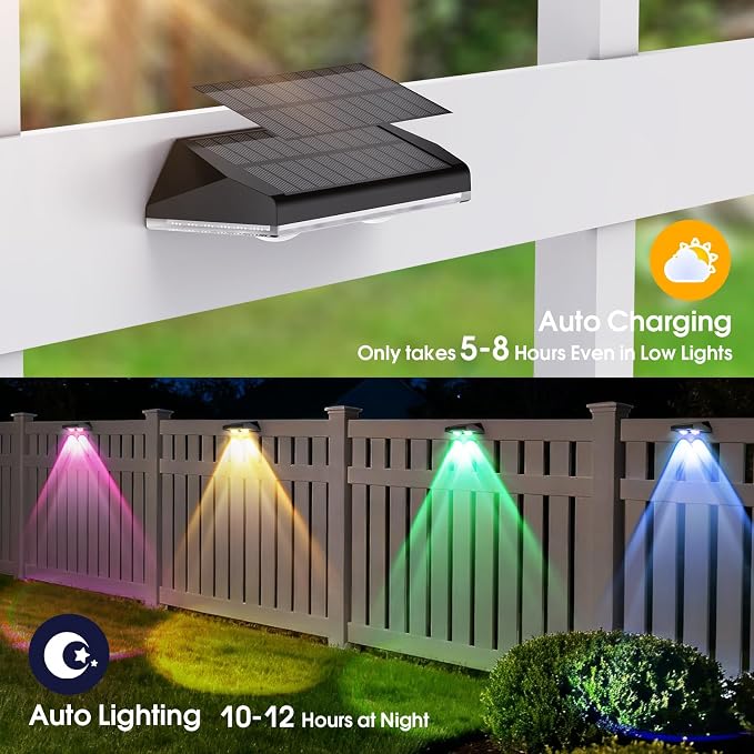 AUDLES Solar Fence Lights Outdoor Waterproof LED, 8 Modes Warm & RGB 6 Color Changing Solar Powered Flood Wall Lights, Solar Light for Step, Pathway, Garden, Deck, Stairs Decor- 12 Pack