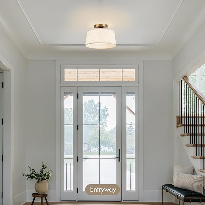 Modern Ceiling Light Fixture, 10 Inch Semi Flush Mount Lamp with Linen Shade, E26 Base, Gold for Kitchen Bedroom Hallway Closet Entryway Room Small Spaces