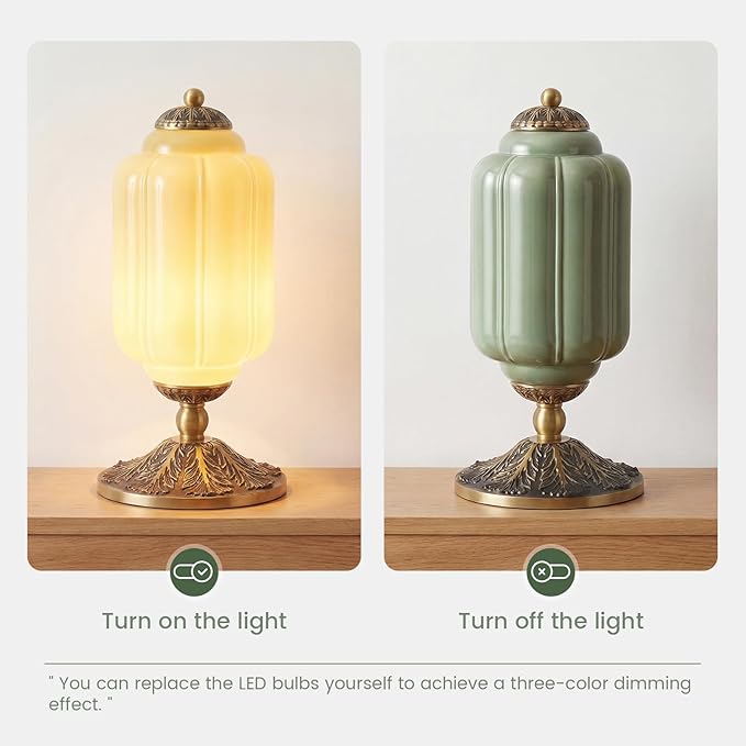 Milk Glass Table Lamp - Modern Farmhouse Design with Antique Brass Finish Base, Green Desk Light for Living Room & Bedroom Decor (Green 15")
