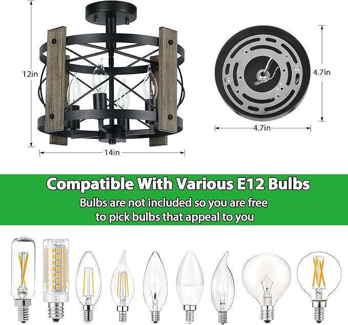 BrightHome Farmhouse Rustic Light Fixture Ceiling Mount, Semi Flush Mount Ceiling Light Fixture, 4-Light Black Industrial Retro Washed Ceiling Light for Kitchen Dining Room Bedroom Hallway Bathroom