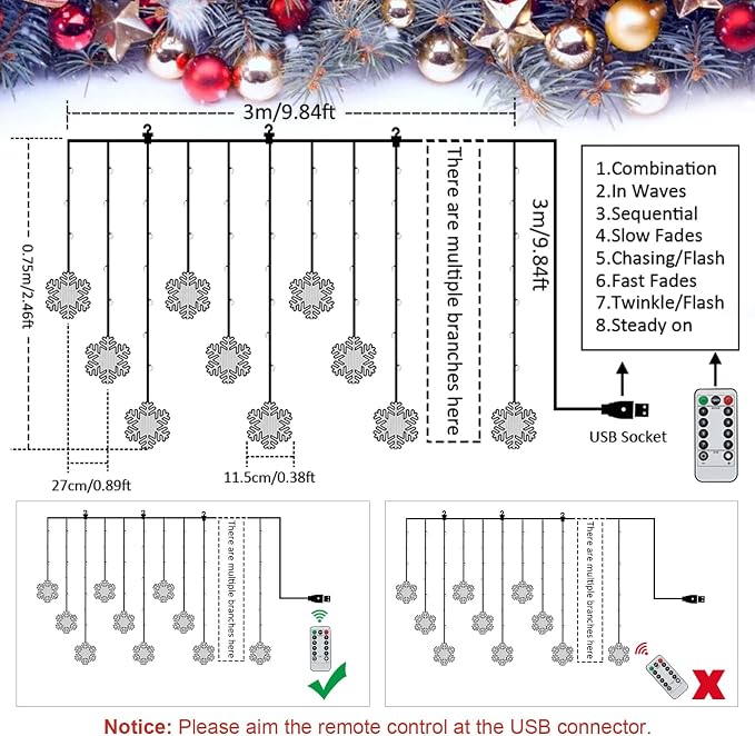 BLOOMWIN Christmas Fairy Curtain Lights 9.8ft Snowflake Lights USB Christmas Indoor Decorations 204LEDs Twinkle Lights with Remote for Bedroom Xmas - Colorful