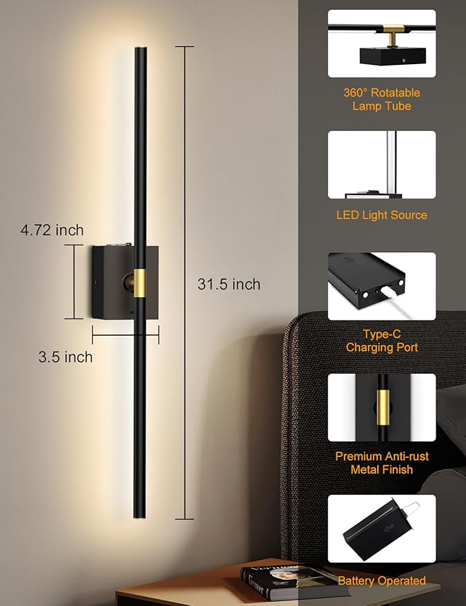 Battery Operated Wall Sconces Set of 2: 10000mAh Rechargeable Wall Lights, Easy Install 360° Rotate 3000K-6000K LED Wireless Wall Light Decor for Bedroom Living Room Hallway Picture Lighting Gallery