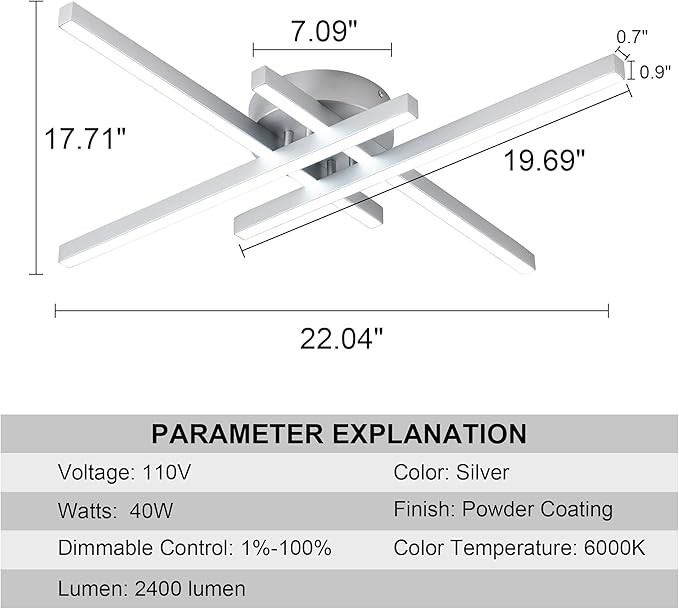 Updated Modern Ceiling Light ,Preminum Close to Ceiling Light fixtures,Modern Light Fixtures Ceiling Dimmable for Dining Room Kitchen Bedroom Living Room 40W 6000K Cool Light (Silver)