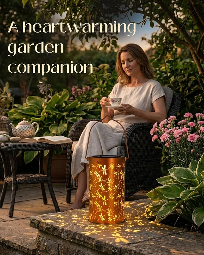 DIBIEECN Birthday Gifts for Women Mom Grandma Wife, Solar Lanterns Outdoor Waterproof, Metal Hanging Lights Garden Decor, LED Decorative Lantern for Patio Porch Backyard, Dragonfly, 2Pack