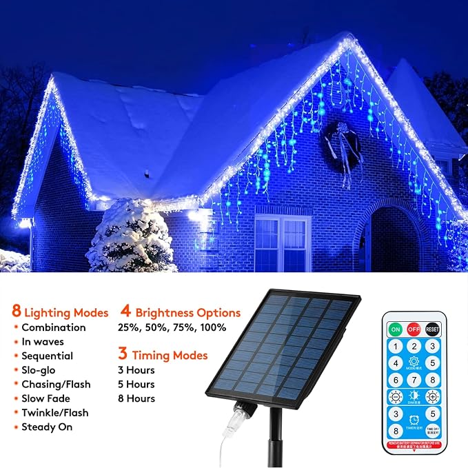 KiflyTooin Solar Christmas Lights Outdoor Waterproof Christmas Decorations Curtain Lights 320LED 29.5ft 60 Drops, Solar Powered Rechargeable Fairy Lights for Party, Wedding, Home Decorations(Blue)