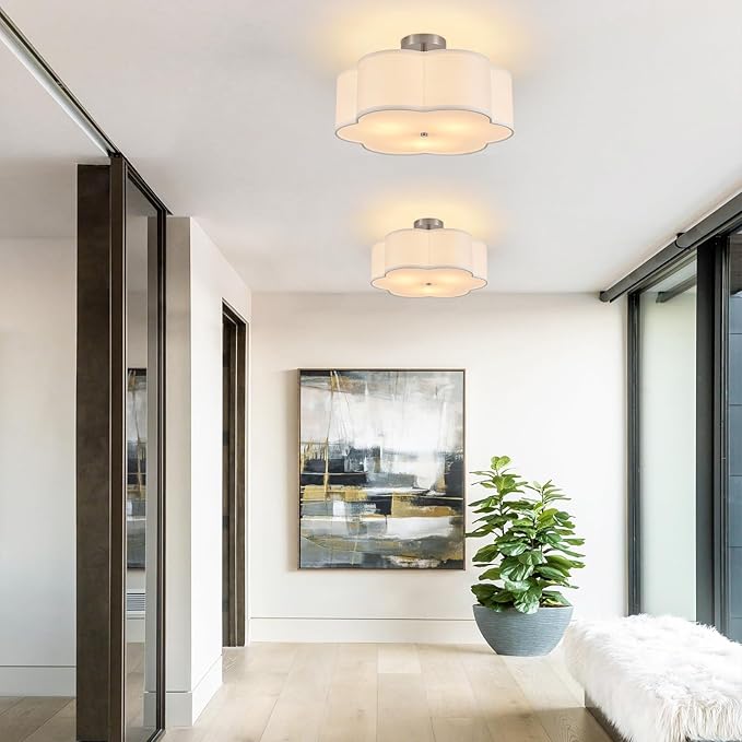 18" Modern Semi Flush Mount Ceiling Light Modern 3-Lights Linen Drum Ceiling Lighting with Chrome Finish, Vintage Ceiling Light for Living Room, Kitchen, Basement, Laundry Room, Bedroom