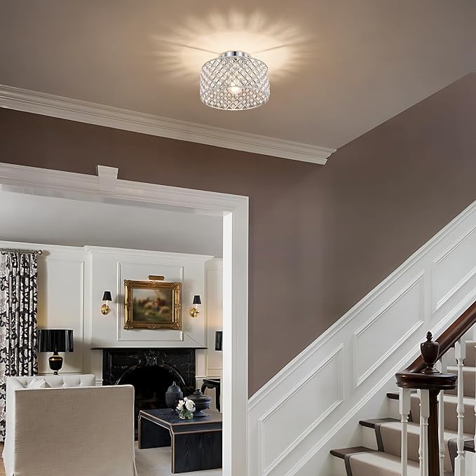 Chrome Crystal Ceiling Light Fixture,Modern Semi Flush Mount Ceiling Lighting Fixture,Round Small Chandelier for Dining Room, Hallway, Entryway, Kitchen, Bedroom,Foyer,1 Light,11.2 inch