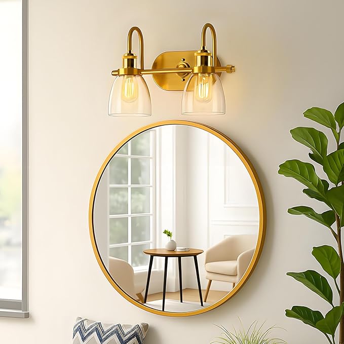 Lightdot Brushed Nickel Bathroom Light Fixture, 17.5IN 2-Light Bathroom Vanity Light with Clear Glass Shades, 60W Max/120V Modern Gold Vanity Lights for Mirror Kitchen Living Room, E26 Base-Gold