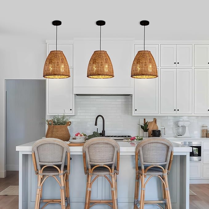 Dark Curry Rattan Pendant Light,13.77" Rustic Hanging Light 1-Pack Brown Wicker Pendant Light Hand-Woven Rattan Chandelier for Public Place Dining Living Bedroom Kitchen Farmhouse