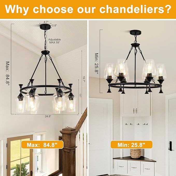 25" Farmhouse Chandelier, 6-Light Black Chandeliers for Dining Room Light Fixture Over Table with Clear Glass Shade, Industrial Hanging Pendant Lights for Kitchen Island Living Room Bedroom Entryway