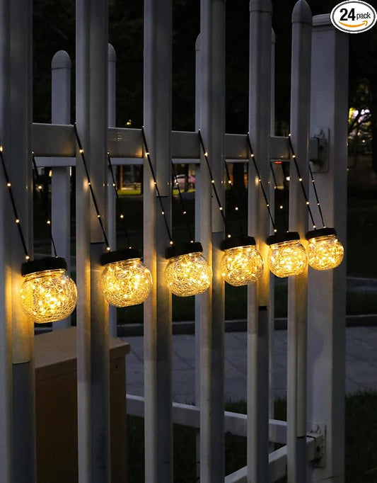PARTPHONER Solar Lights Outdoor Waterproof 24-Pack, Solar Powered Hanging Lantern Cracked Glass Hanging Globes for Yard Decor Christmas Decoration, Shepherd Hook, Garden Tree Table Ornaments, Warm