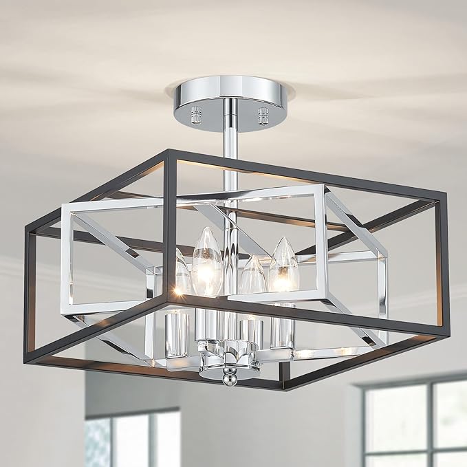 Square Ceiling Light, 4-Light Flushmount Modern Close to Ceiling Light Fixture for Living Room, Bedroom, Dining Room, L13 x W13 x H10 inch, Black & Silver Finish Frame