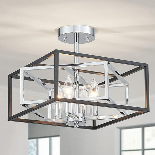 Square Ceiling Light, 4-Light Flushmount Modern Close to Ceiling Light Fixture for Living Room, Bedroom, Dining Room, L13 x W13 x H10 inch, Black & Silver Finish Frame