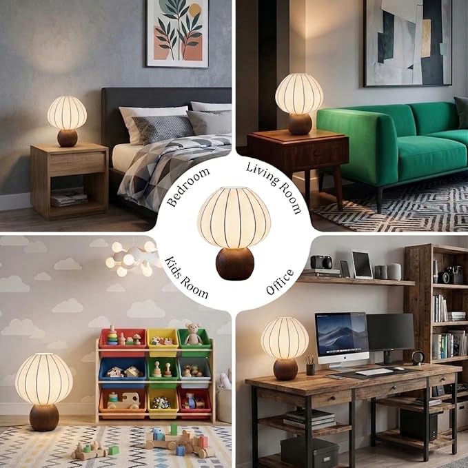 Mushroom Table Lamp, Metal Bedside Lamp with Stepless Dimming, Handcrafted Silk Lampshade Nightstand Lamp for Cozy Bedroom, Living Room, Kids Room