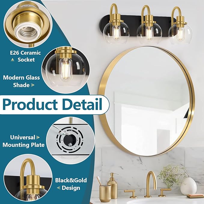 Dpyrrhic Modern 3-Light Vanity Light, Bathroom Lighting Fixture Over Mirror With Clear Glass Shade and Metal Base, Wall Sconces in Matte Black and Gold