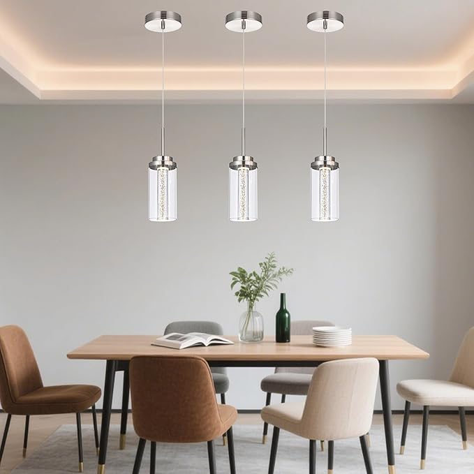 MELUCEE 3 Packs Dimmable LED Pendant Lights Fixtures Brushed Nickel, Adjustable Hanging Ceiling Lamp with Clear Glass Shade, Modern Pendant Light for Kitchen Island Dining Room Hallway, 3000K-6000K